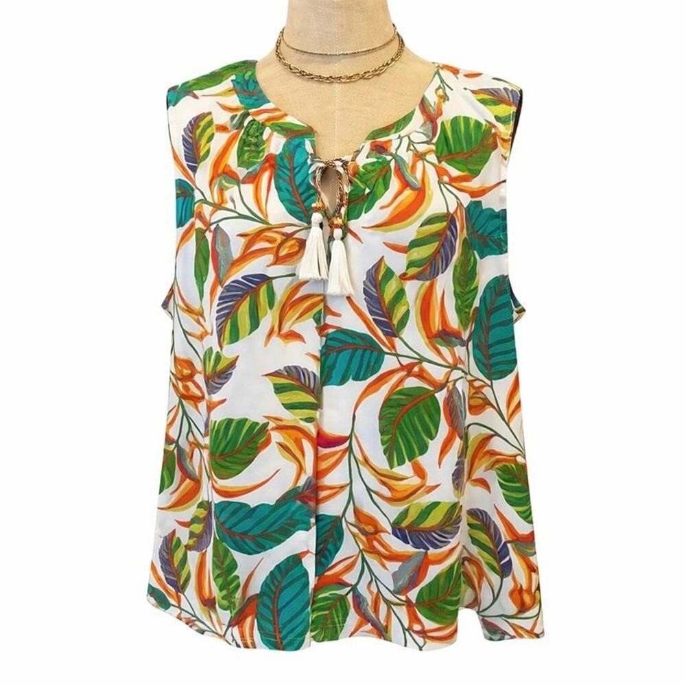 Rose + Olive Tropical Leaf Print Sleeveless‎ Blouse Tassel Neck Women XL